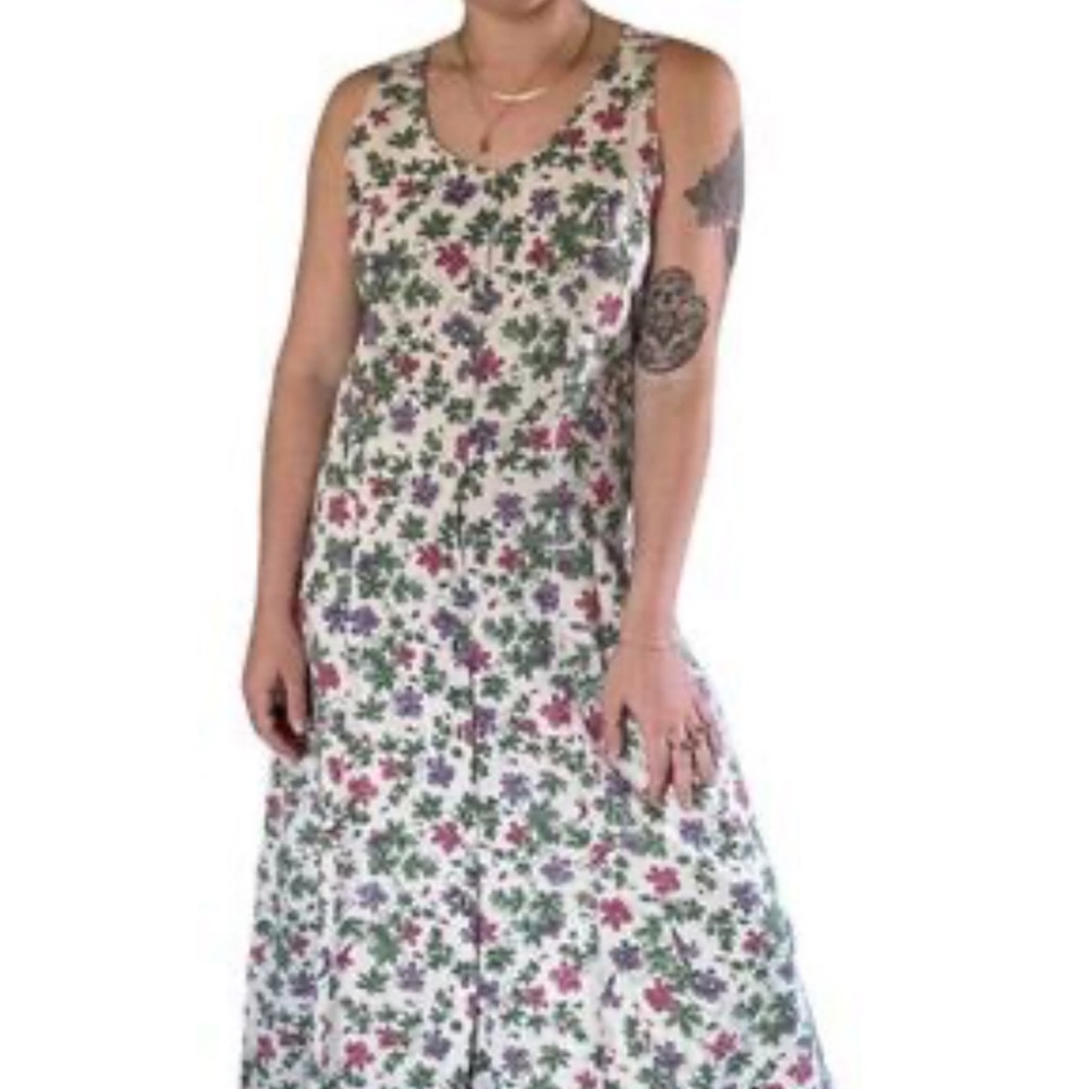Woolrich Floral Print Vintage Linen Sleeveless Button Front Maxi Dress Size M